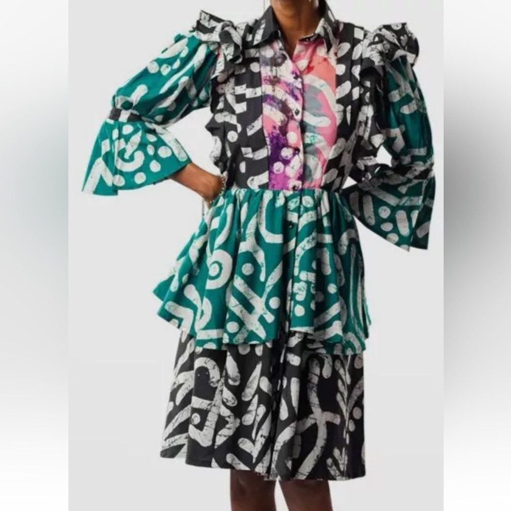 Busayo Green and Black Ruffle Button Front Dress
